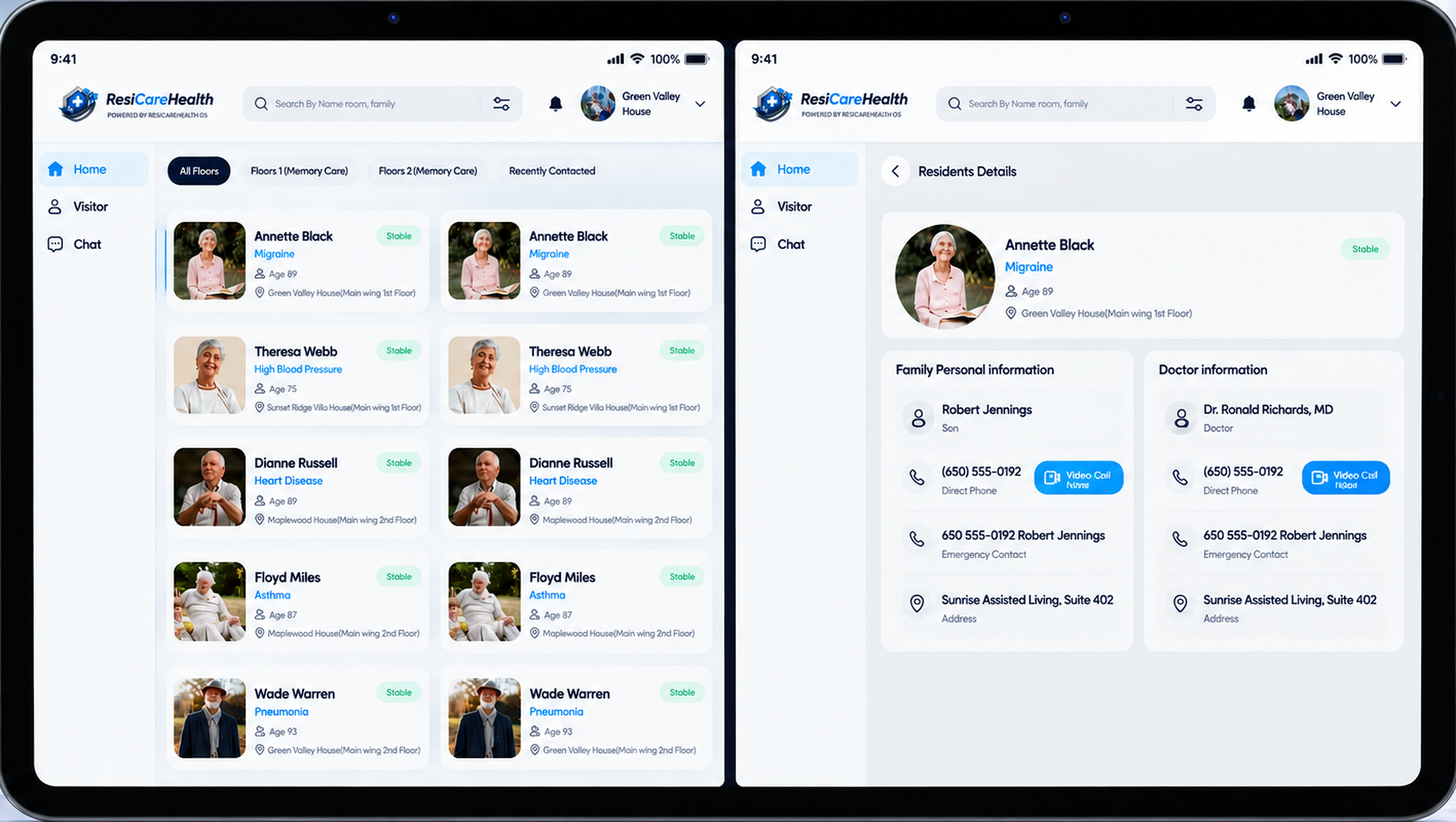 ResiCareHealth House iPad Kiosk App Interface